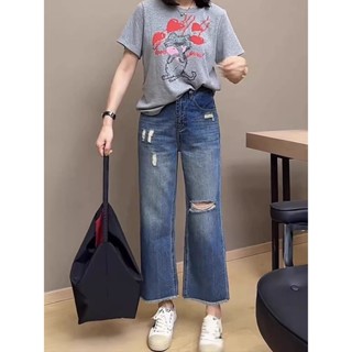 【衣櫥選美局】2025年夏季新款破洞牛仔褲女大碼梨形身材九分薄款顯瘦窄版闊腿褲