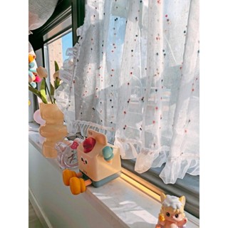 可愛毛線點點女生臥室歐根紗花邊飄窗半遮光窗簾免打孔落地窗紗簾