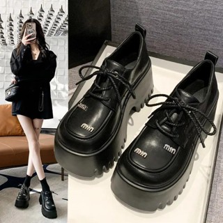 氣質潮流✨黑色樂福鞋女2025春季新款厚底小個子內增高女鞋係帶英倫風小皮鞋