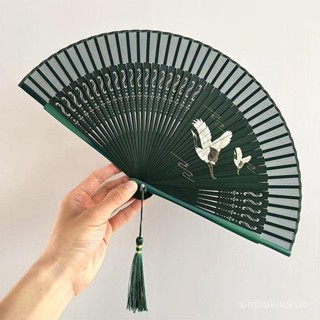 🔥48H出貨 古風摺扇 漢服旂袍扇子 中國風僊鶴扇子6寸女式古風漢服竹摺扇夏季折疊隨身禮品扇送扇套
