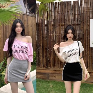 🔥虧本清倉 臺灣出貨🔥甜辣妹兩件套裝夏季印花斜肩短袖上衣T恤女+運動條紋包臀裙半身裙