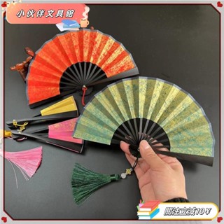 💫Z桃園+發票💫4寸迷你風扇七彩墨綠鍍金宣紙摺扇帶書法繪畫兒童漢服扇便攜扇子💫熱銷💫