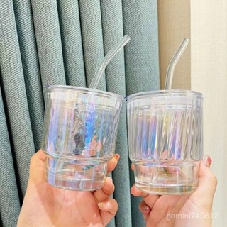 免運 臺灣出貨 居家水杯 日韓炫彩鐳射玻璃杯北極光ins風高顔值夏季竹節杯咖啡杯子吸管杯 460V