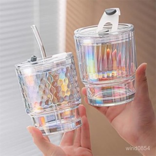 【臺灣出貨】6.4 發光杯子 發光啤酒杯 炫彩鐳射竹節ins玻璃杯高顔值顔值極光玻璃吸管隨手杯子牛奶水杯 馬克杯 咖啡杯