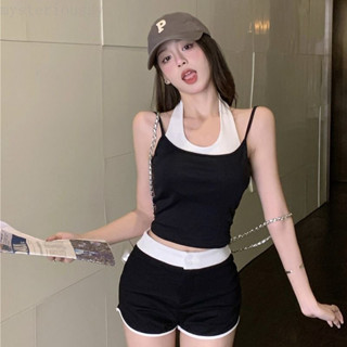 💧最新款💧特價💧高品質辣妹套裝女夏季新款假兩件掛脖吊帶上衣超短褲子兩件套