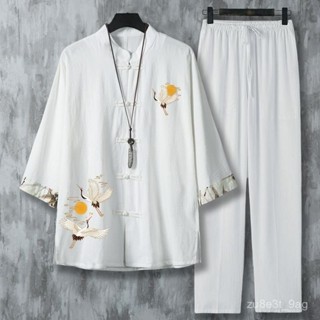 漢服 唐裝 中國風男裝 民族風服飾 棉麻衣服 夏季新款民族風棉麻七分袖襯衫 吸濕透氣寬鬆版型 中式立領 大碼男生服裝