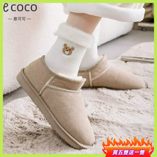 ecoco✿中筒襪《買五送一》🔥冬季加絨襪子女日係可愛小熊加厚中筒棉襪ins潮純色翻邊保暖長襪