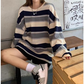 🐼秋季韓版寬鬆上衣條紋長袖圓領t恤百搭女生長袖t恤薄款長袖女生長袖女生上衣