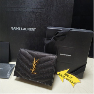 YSL 聖羅蘭 小牛皮荔枝紋 金色Logo 黑色拉鍊短夾 99新 金扣 皮夾 錢包 卡包零錢包 530841