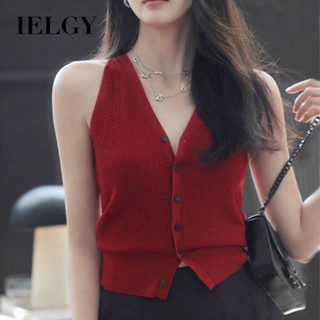 IELGY 酒紅色吊帶背心女式 V 領短款露臍露背針織上衣