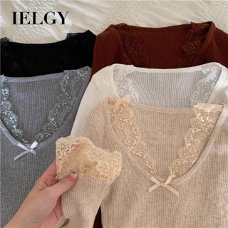 IELGY 女士蕾絲 V 領拼接長袖修身上衣