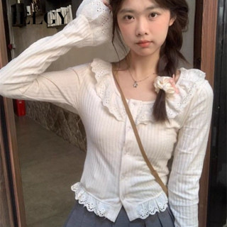 IELGY 女式荷葉邊 t 恤短款蕾絲拼接毛衣