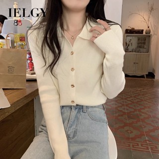IELGY 早秋新款女式長袖針織開衫polo領毛衣鈕扣簡約設計別緻打底上衣