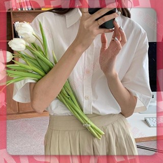 臺灣發出♕韓國代購 白色短袖襯衫女 春夏2025新款韓版復古百搭ins風寬松顯瘦襯衣上衣 慵懶寬松休閑百搭防曬上衣