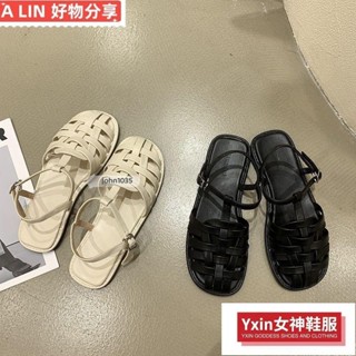 ✨限時低價✨仙女風涼鞋女2024年夏款鏤空休閒沙灘平底編織包頭一字帶羅馬單鞋ajun5