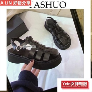 ✨限時低價✨包頭羅馬涼鞋女2024夏季新款厚底鬆糕跟編織大頭鞋一字扣帶ins潮ajun5