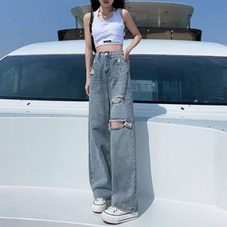 牛仔褲 大碼牛仔褲 女生牛仔 破洞牛仔褲女夏季薄款高腰闊腿寬鬆新款顯瘦直筒設計感褲子 大尺碼長褲 休閒褲 直筒褲 長褲女