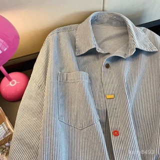 複古簡約撞色牛仔條紋寬鬆百搭POLO領襯衫女春季長袖上衣