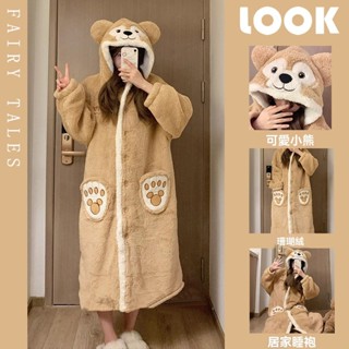 💗可愛迪士尼小熊珊瑚絨睡衣女冬季加絨加厚保暖卡通連帽居家服睡袍可外穿