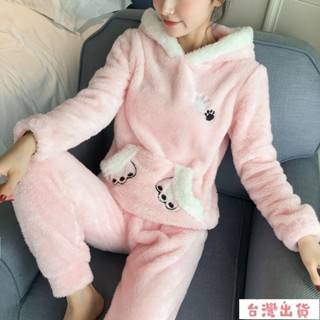 全網最低🔥冬天珊瑚絨睡衣套裝 女生胖MM韓國可愛小熊耳朵羔羊絨寬鬆加大尺碼居家服法蘭絨 刷毛加厚款 毛絨卡通連帽睡袍學