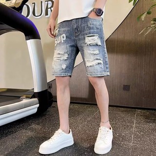 夏季刷破印花牛仔短褲 街頭風格 新款破壞丹寧 男牛仔破洞短褲 五分褲 淺色短褲 破褲(TN522）【壹號站】