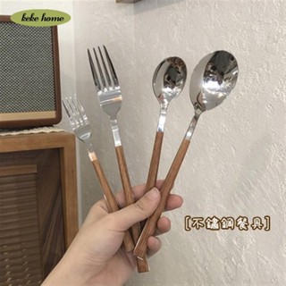 keke✨430木柄不鏽鋼勺叉套組🍽 ins西餐甜品下午茶餐具套裝 加厚不鏽鋼家用勺子 網紅長柄湯匙甜品勺水果叉