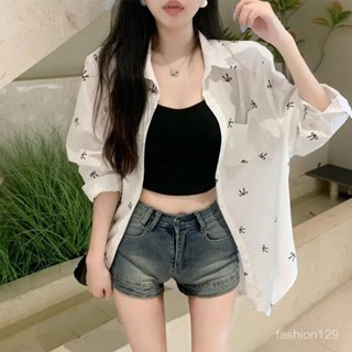 💛限時下殺💛夏季女裝 蝴蝶結印花 寬鬆上衣 長袖襯衫 白色小眾設計防曬襯衫 上衣 夏季薄款 外套夏天 韓系穿搭 襯衫外套