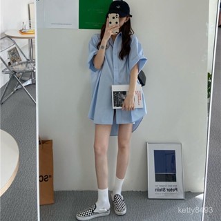 短袖藍色襯衫女襯衣外套韓版寬鬆中長款bf風上衣洋氣時尚襯衫裙潮