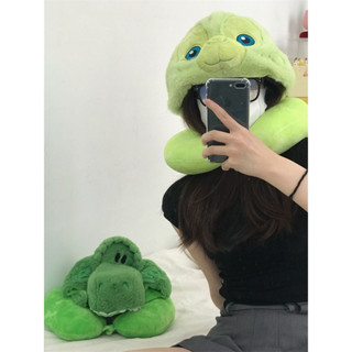 ins可愛卡通綠色恐龍烏龜U型枕帶帽子連帽情侶款便攜護頸午睡枕
