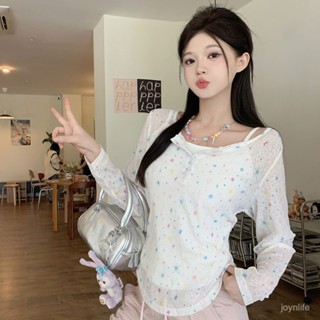 微胖女生穿搭 大碼胖mm上衣 多巴胺長袖上衣女 星星印花防曬罩衫女 夏季薄款上衣 寬鬆休閒長袖 防曬T恤女 LYWZ