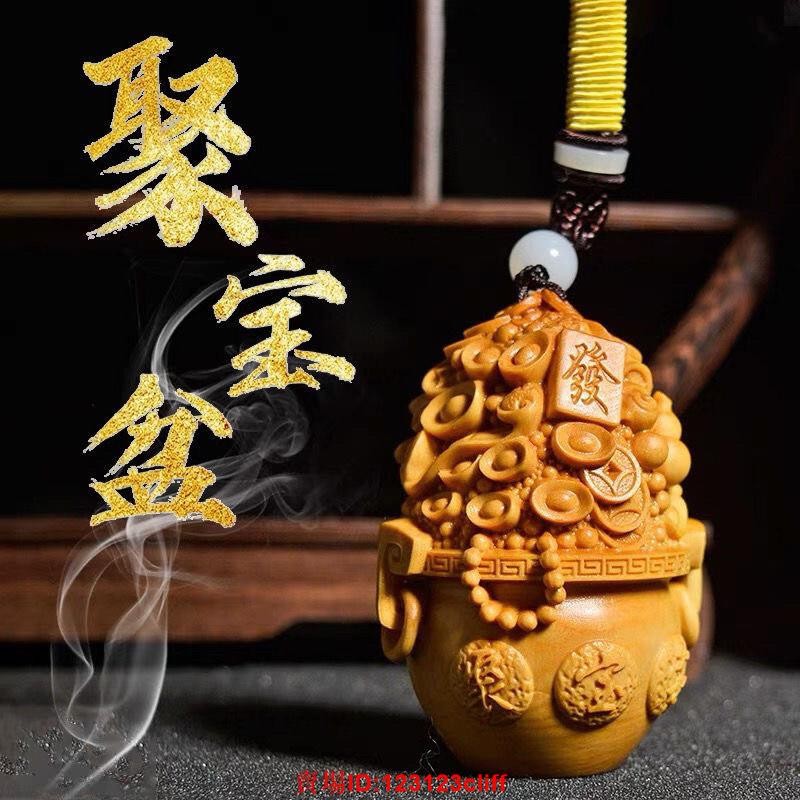 佳佳小鋪【】黃楊木雕刻聚寶盆 招財聚寶盆手把件 招財元寶葫蘆 如意好運 桌面招財進寶小擺件送好友