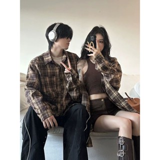 shing[情侶裝]兩件情侶裝秋季美式高街復古格子百搭設計長袖襯衫法式寬鬆外套 FFV4