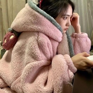 萊拉丨圍脖領領設計 新款水果草莓睡衣女秋冬天睡袍刷毛加厚珊瑚絨可外穿連帽家居服