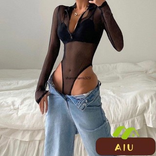 優選好物 SUCHCUTE歐美風性感半拉鏈網紗長袖連體衣女辣妹露腰透視打底T恤 U94A