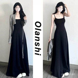 ✨優選大碼✨吊帶洋裙OLANSHI 法式黑色吊帶連衣裙子女夏季小個子海邊度假氣質顯瘦長裙 8ZIT