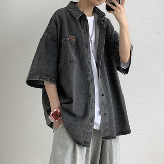 臺灣出貨古著vintage牛仔襯衫男日係ins潮牌寬鬆短袖襯衣夏季潮流痞帥外套 夏季襯衫 男生襯衫 透氣襯衫 防曬襯衫