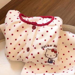 小柴兔~波點hellokitty德絨睡衣女秋冬季加絨加厚保暖學生居家服套裝外穿