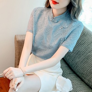 蕾絲短袖襯衫女夏季新款漂亮洋氣小衫法式甜美別致盤扣上衣 中國風上衣 改良旗袍上衣 新中式襯衣 復古 短袖t恤女 國潮襯衫