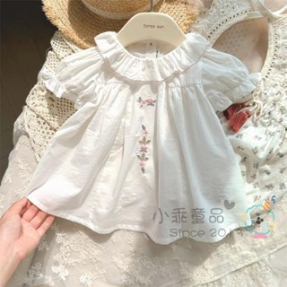 Mini baby🌷輕盈好穿韓版女童夏季上衣輕薄純棉短袖刺繡翻領泡泡袖娃娃衫T恤