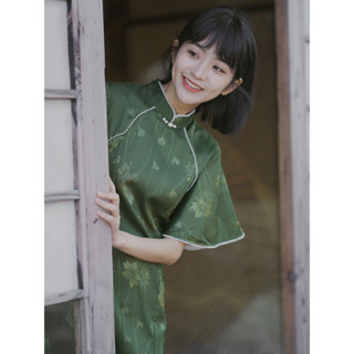 【旗袍趴】墨綠提花緞倒大袖年輕款旗袍淑女範2025年夏季新款改良復古民國風#洋裝#裙子女#民國旗袍