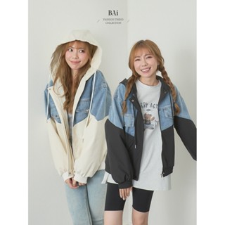 BAi白媽媽 拼接牛仔連帽外套／丹寧拼風衣夾克-臺灣現貨 隔日到貨【350142】