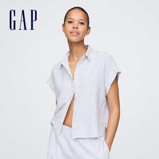 Gap 女裝 翻領袖短袖襯衫-藍白條紋(718362)