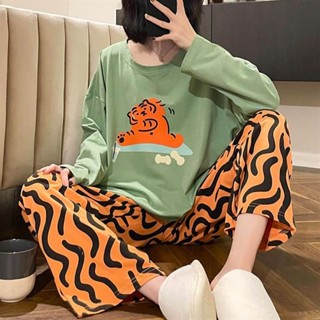 [暢銷]寬鬆大尺碼胖mm睡衣女春秋套裝卡通老虎胖MM家居服ins長袖長褲純棉SJ