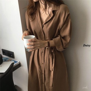 大尺碼 大尺碼襯衫 白色襯衫 韓版長袖顯瘦薄外套 寬鬆純色翻領過膝防嗮風衣外套女百搭長款襯衣開衫Daisy2