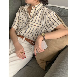 𝑩𝑮 夏季新款法式複古短袖襯衫女 韓係設計感小眾短袖上衣 口袋條紋短袖襯衫 防曬衫上衣 女裝