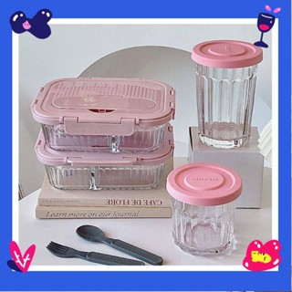 💕免運#少女心大容量分格豎紋便當盒玻璃密封飯盒上班族微波爐食物保鮮盒便當盒分隔餐盒飯盒便攜餐盒BBQQQQQQ