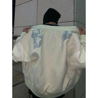 百搭棒球服外套 美式復古夾剋女 寬鬆顯瘦外套 美式棒球服外套男短款vibe高街燙鑽PU皮袖情侶飛行員夾克