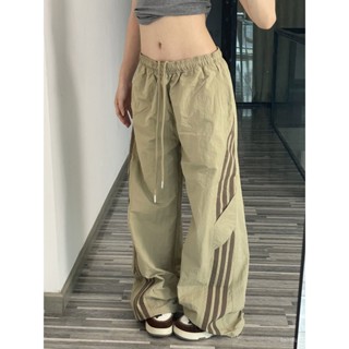 Caveman甄選美式側邊條紋夏季薄款傘兵褲女寬鬆闊腿直筒街舞運動衝鋒工裝褲休閒長褲
