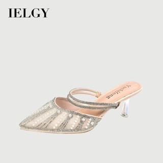 IELGY 夏季時尚百搭中跟尖頭水鑽珍珠趾涼鞋女