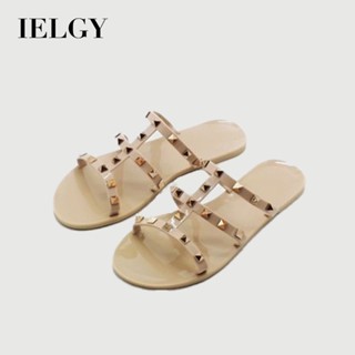 IELGY 新款鉚釘水晶拖鞋果凍女式涼鞋平底鞋